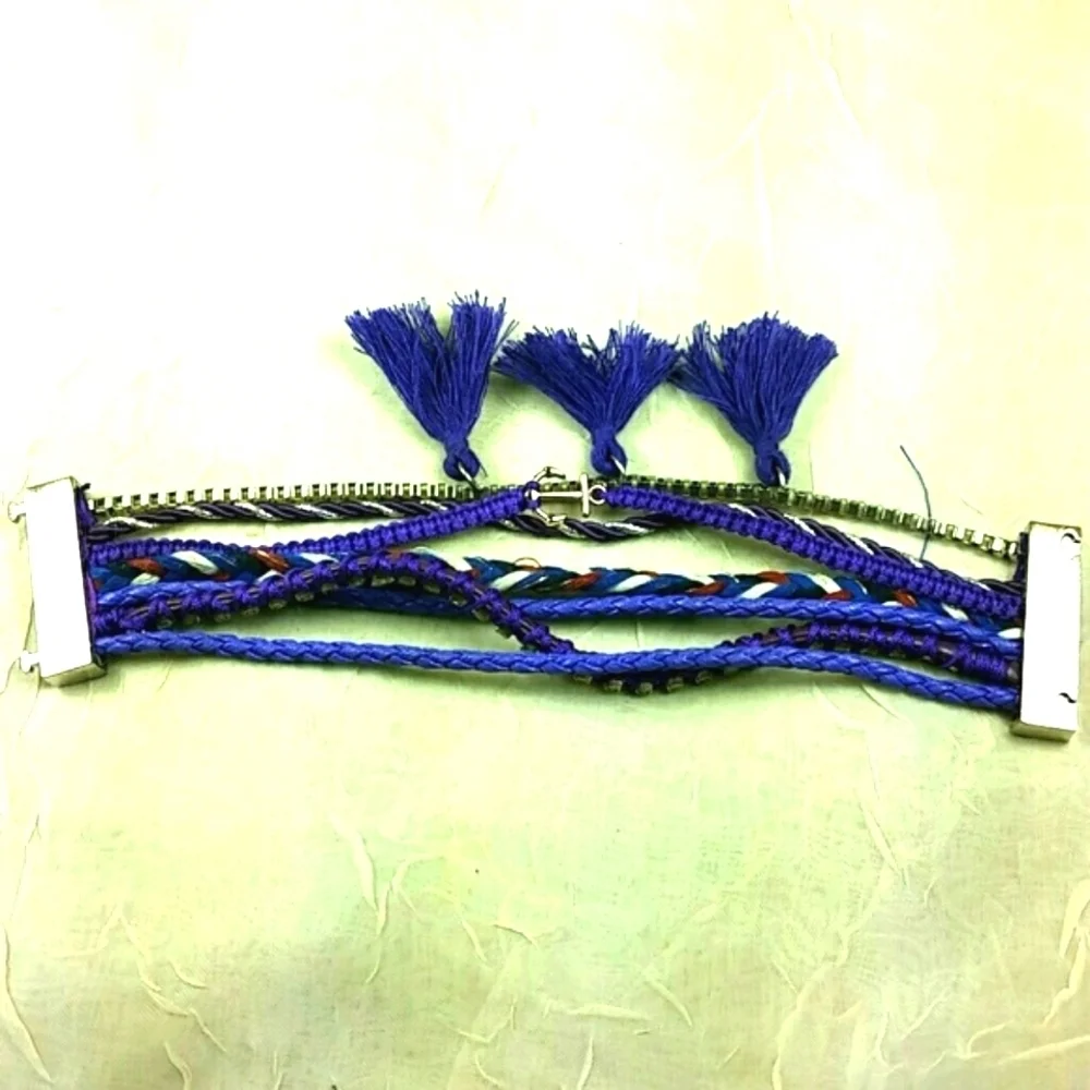 Boho Multi-Strand Bracelet Purple Tassel Woven Anchor Charm Festival Layering